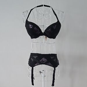 Victoria's Secret Black Lace and Purple Sequin Lingerie Set